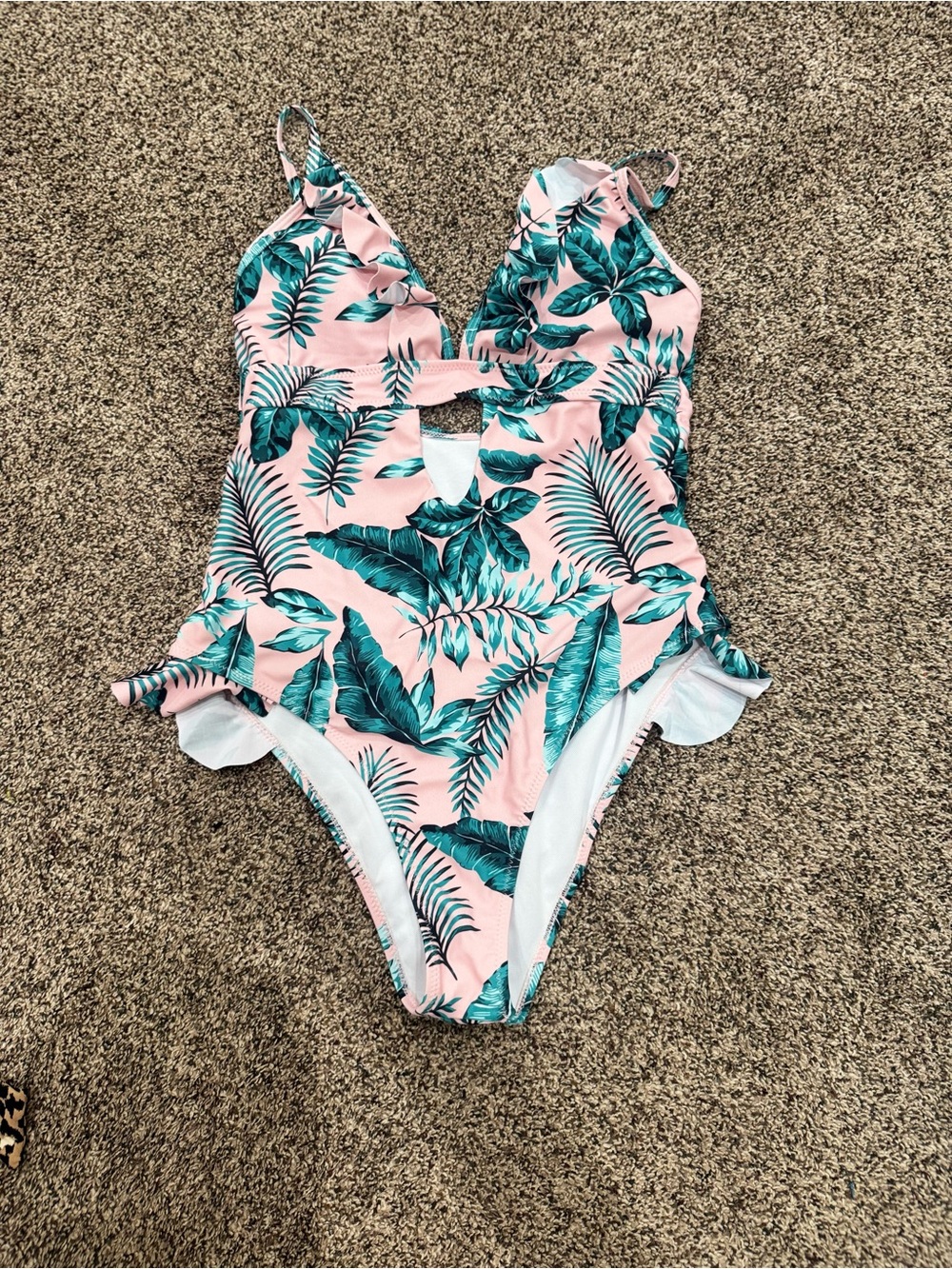 SHEIN Pink One-Piece Swimsuit with Teal Tropical Leaf Print